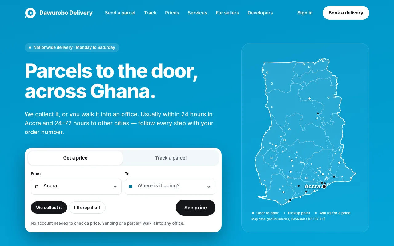 delivery.dawurobo.com — the homepage with the price check