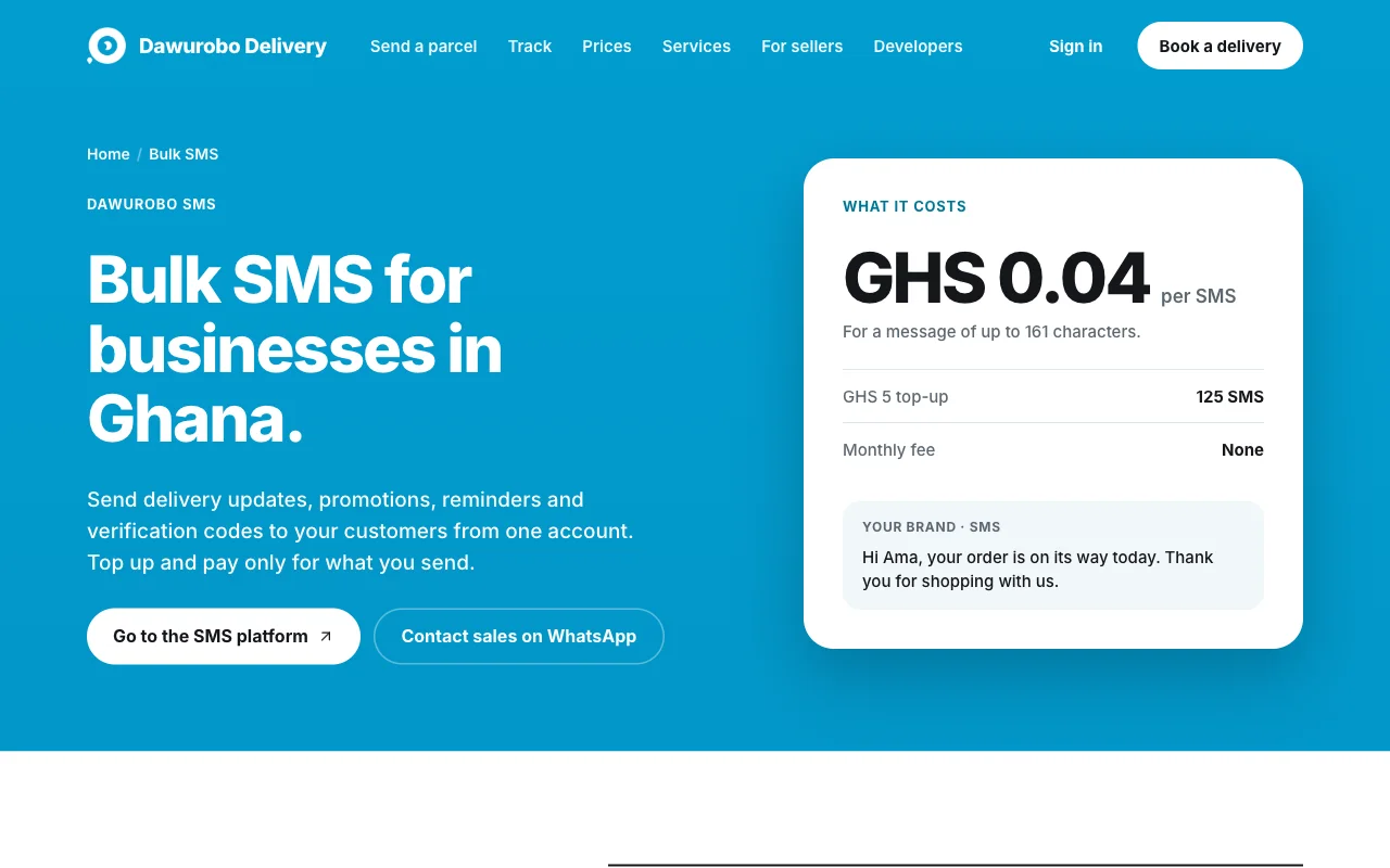 The Bulk SMS page — GHS 0.04 per SMS, no monthly fee